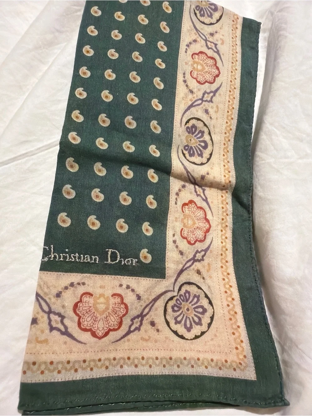 Dior Green and Cream Paisley Silk small Scarf